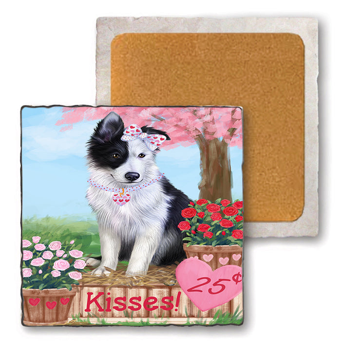 Rosie 25 Cent Kisses Border Collie Dog Set of 4 Natural Stone Marble Tile Coasters MCST50941