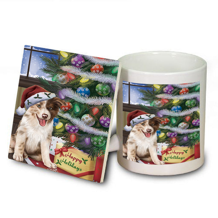 Christmas Happy Holidays Border Collie Dog with Tree and Presents Mug and Coaster Set MUC53794