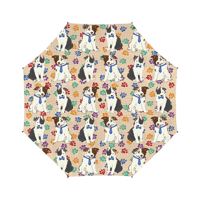 Rainbow Paw Print Border Collie Dogs Blue Semi-Automatic Foldable Umbrella