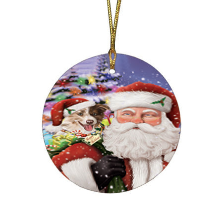 Santa Carrying Border Collie Dog and Christmas Presents Round Flat Christmas Ornament RFPOR53952