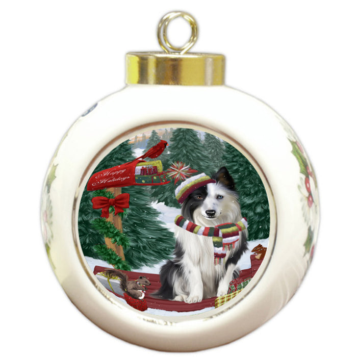 Merry Christmas Woodland Sled Border Collie Dog Round Ball Christmas Ornament RBPOR55216