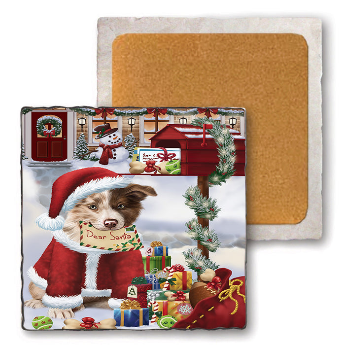 Border Collie Dog Dear Santa Letter Christmas Holiday Mailbox Set of 4 Natural Stone Marble Tile Coasters MCST48872