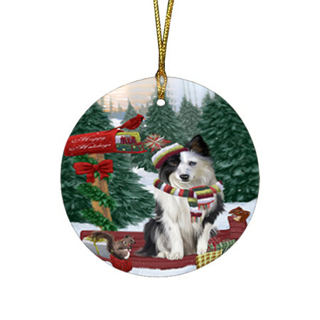 Merry Christmas Woodland Sled Border Collie Dog Round Flat Christmas Ornament RFPOR55216