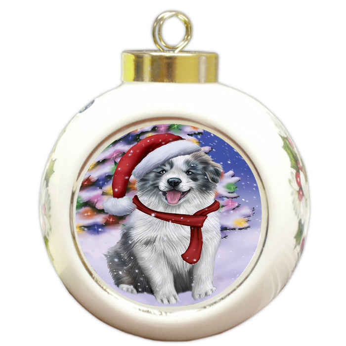 Winterland Wonderland Border Collie Dog In Christmas Holiday Scenic Background  Round Ball Christmas Ornament RBPOR53363