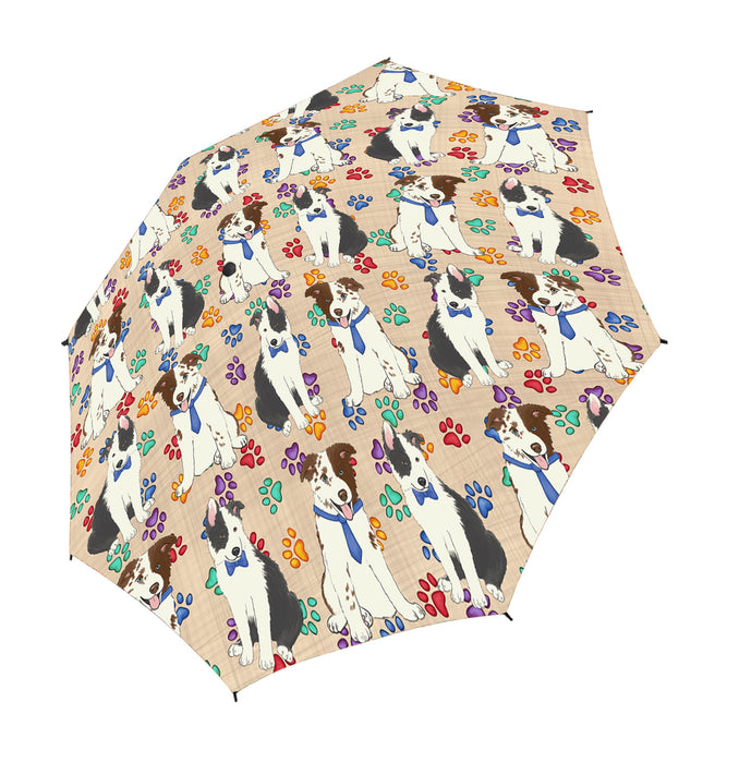 Rainbow Paw Print Border Collie Dogs Blue Semi-Automatic Foldable Umbrella