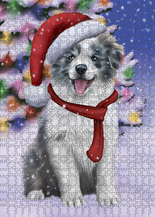 Winterland Wonderland Border Collie Dog In Christmas Holiday Scenic Background Puzzle with Photo Tin PUZL80608