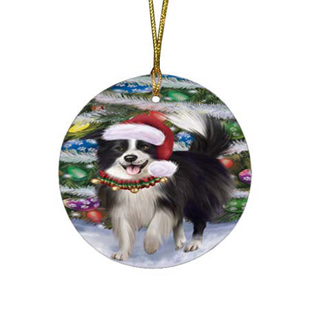 Trotting in the Snow Border Collie Dog Round Flat Christmas Ornament RFPOR55776