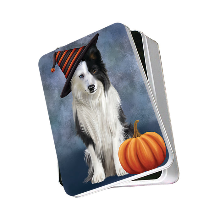 Happy Halloween Border Collie Dog Wearing Witch Hat with Pumpkin Photo Storage Tin PITN54699