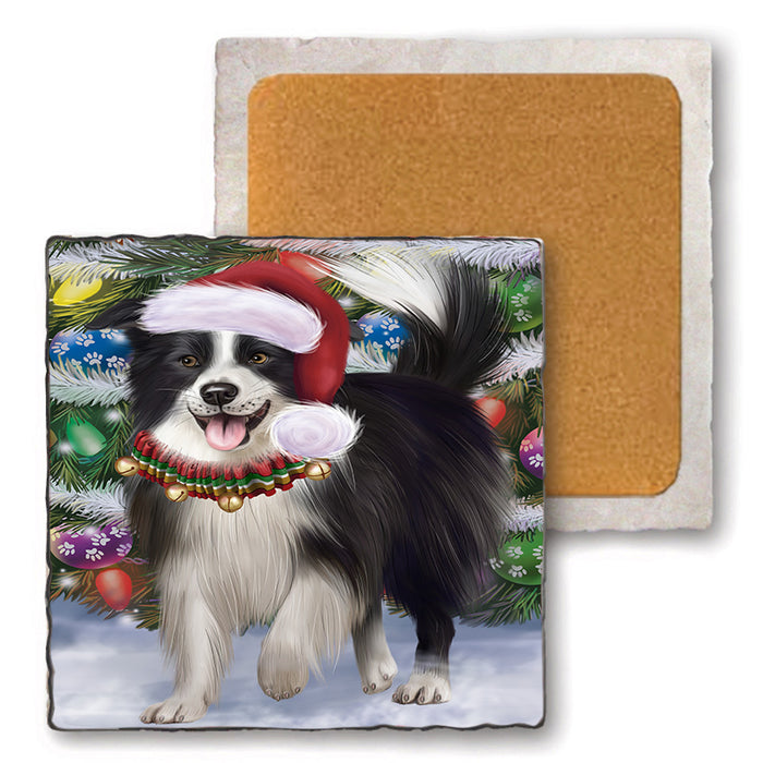 Trotting in the Snow Border Collie Dog Set of 4 Natural Stone Marble Tile Coasters MCST50420