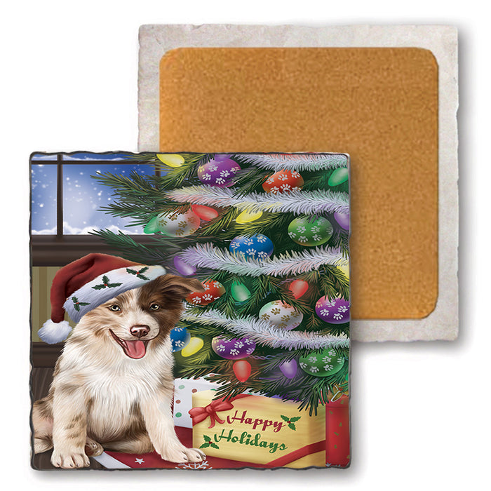 Christmas Happy Holidays Border Collie Dog with Tree and Presents Set of 4 Natural Stone Marble Tile Coasters MCST48802