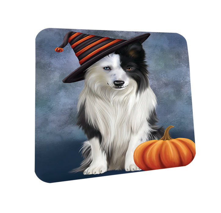 Happy Halloween Border Collie Dog Wearing Witch Hat with Pumpkin Coasters Set of 4 CST54714