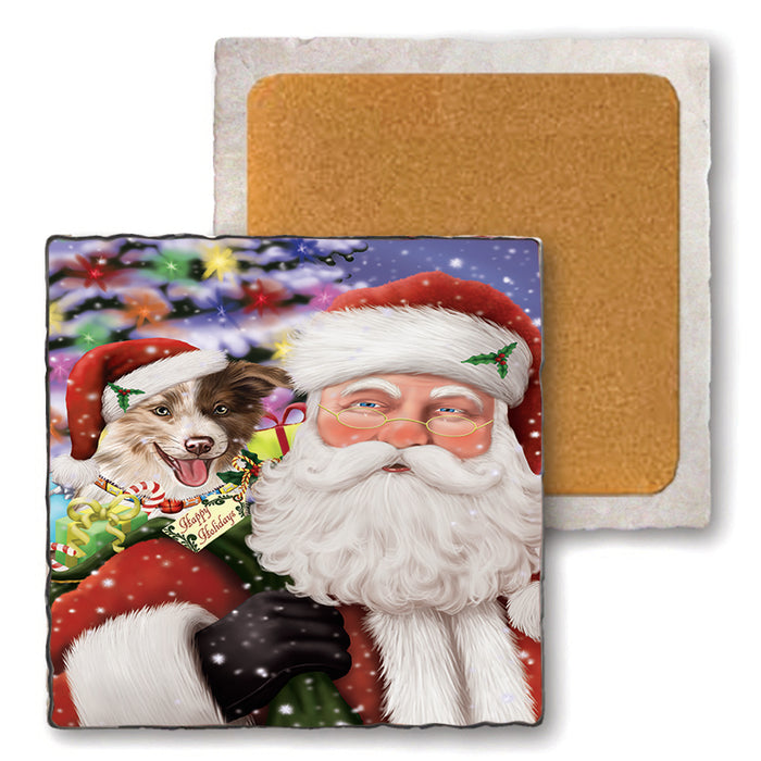 Santa Carrying Border Collie Dog and Christmas Presents Set of 4 Natural Stone Marble Tile Coasters MCST48961