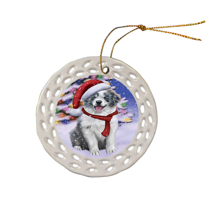 Winterland Wonderland Border Collie Dog In Christmas Holiday Scenic Background  Ceramic Doily Ornament DPOR53363