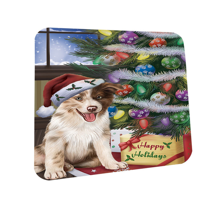 Christmas Happy Holidays Border Collie Dog with Tree and Presents Coasters Set of 4 CST53760