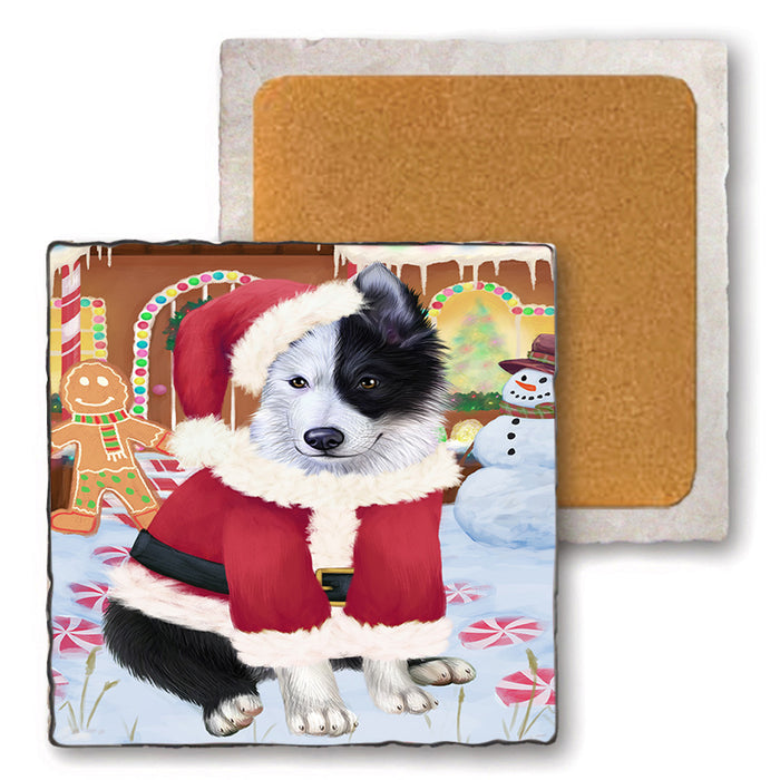 Christmas Gingerbread House Candyfest Border Collie Dog Set of 4 Natural Stone Marble Tile Coasters MCST51202