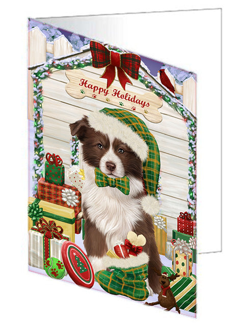 Happy Holidays Christmas Border Collie Dog House with Presents Handmade Artwork Assorted Pets Greeting Cards and Note Cards with Envelopes for All Occasions and Holiday Seasons GCD58073