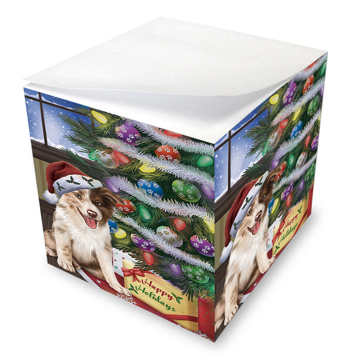 Christmas Happy Holidays Border Collie Dog with Tree and Presents Note Cube NOC55448