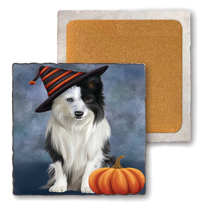 Happy Halloween Border Collie Dog Wearing Witch Hat with Pumpkin Set of 4 Natural Stone Marble Tile Coasters MCST49756