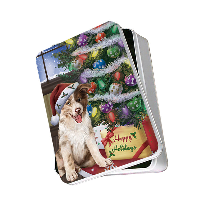 Christmas Happy Holidays Border Collie Dog with Tree and Presents Photo Storage Tin PITN53745