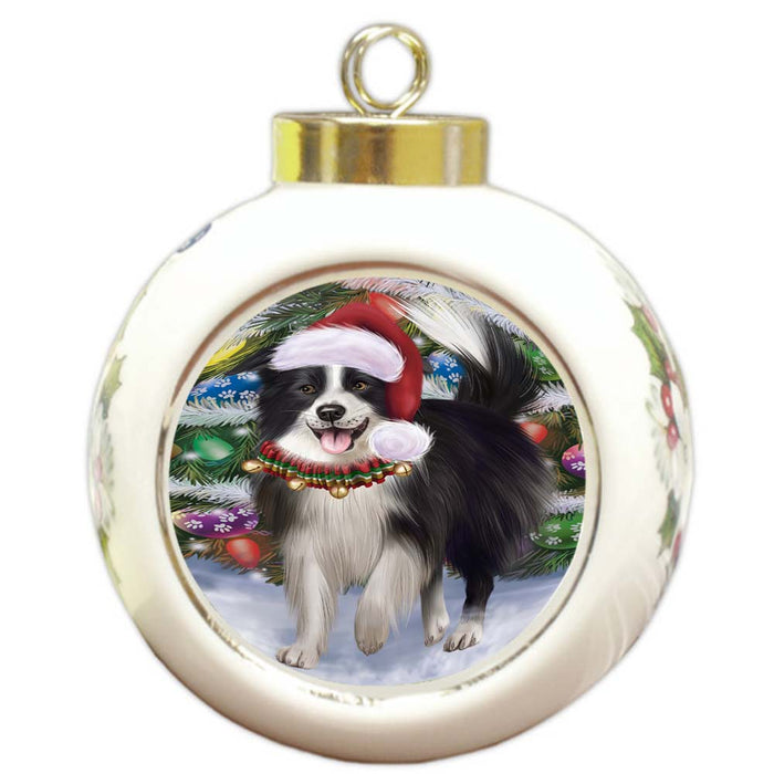 Trotting in the Snow Border Collie Dog Round Ball Christmas Ornament RBPOR55776