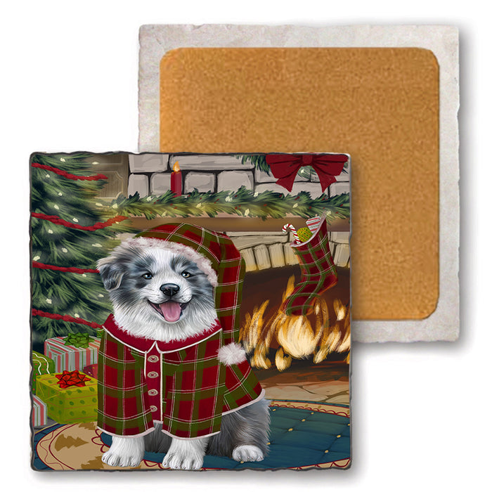 The Stocking was Hung Border Collie Dog Set of 4 Natural Stone Marble Tile Coasters MCST50232