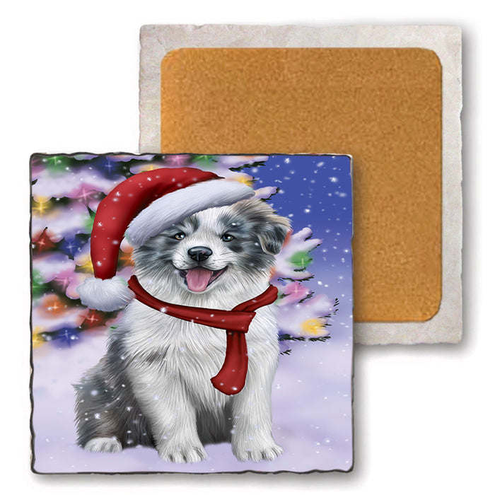 Winterland Wonderland Border Collie Dog In Christmas Holiday Scenic Background  Set of 4 Natural Stone Marble Tile Coasters MCST48363
