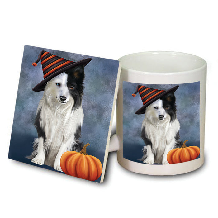 Happy Halloween Border Collie Dog Wearing Witch Hat with Pumpkin Mug and Coaster Set MUC54748