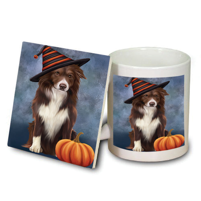 Happy Halloween Border Collie Dog Wearing Witch Hat with Pumpkin Mug and Coaster Set MUC54749