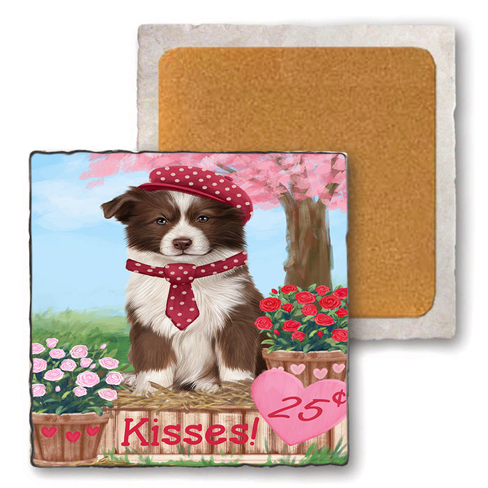 Rosie 25 Cent Kisses Border Collie Dog Set of 4 Natural Stone Marble Tile Coasters MCST50942