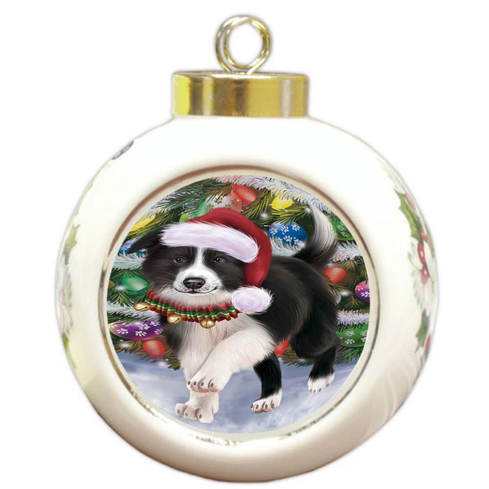 Trotting in the Snow Border Collie Dog Round Ball Christmas Ornament RBPOR55777