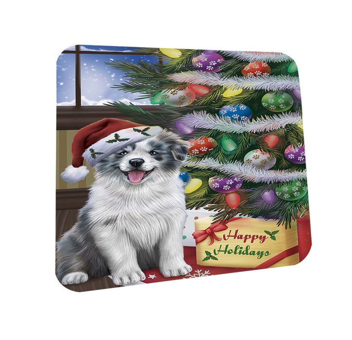 Christmas Happy Holidays Border Collie Dog with Tree and Presents Coasters Set of 4 CST53761