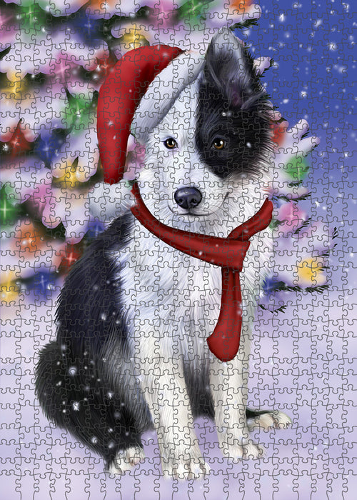 Winterland Wonderland Border Collie Dog In Christmas Holiday Scenic Background Puzzle with Photo Tin PUZL80612
