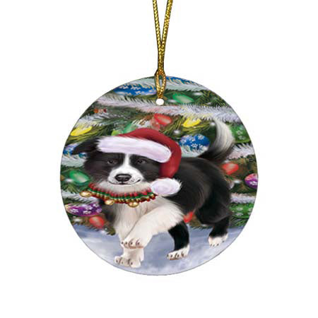 Trotting in the Snow Border Collie Dog Round Flat Christmas Ornament RFPOR55777