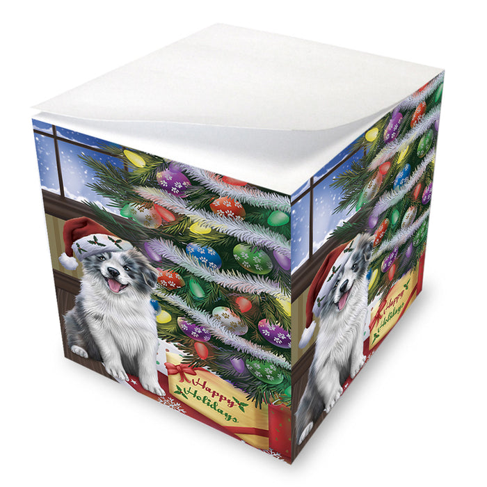 Christmas Happy Holidays Border Collie Dog with Tree and Presents Note Cube NOC55449