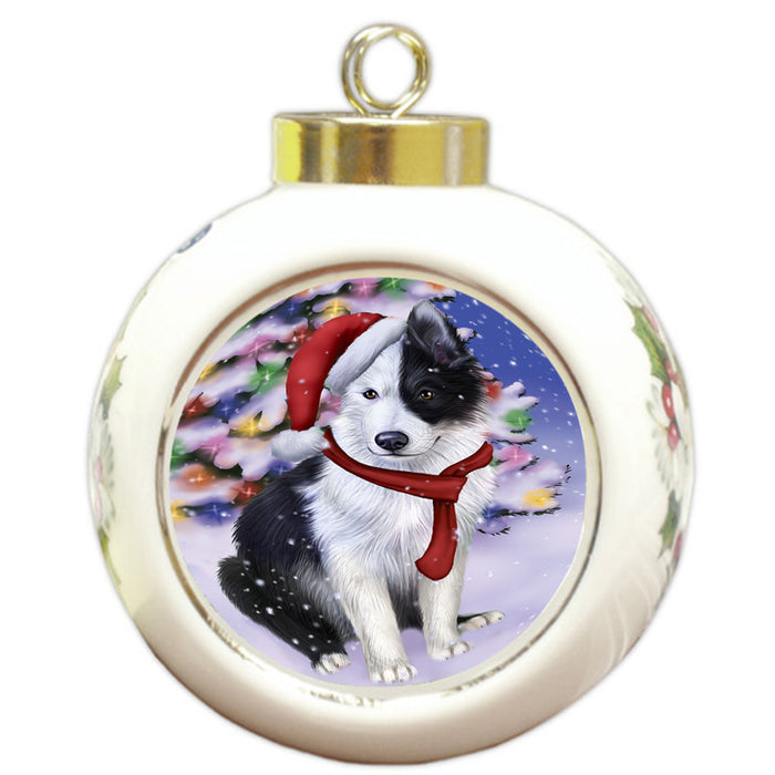 Winterland Wonderland Border Collie Dog In Christmas Holiday Scenic Background  Round Ball Christmas Ornament RBPOR53364
