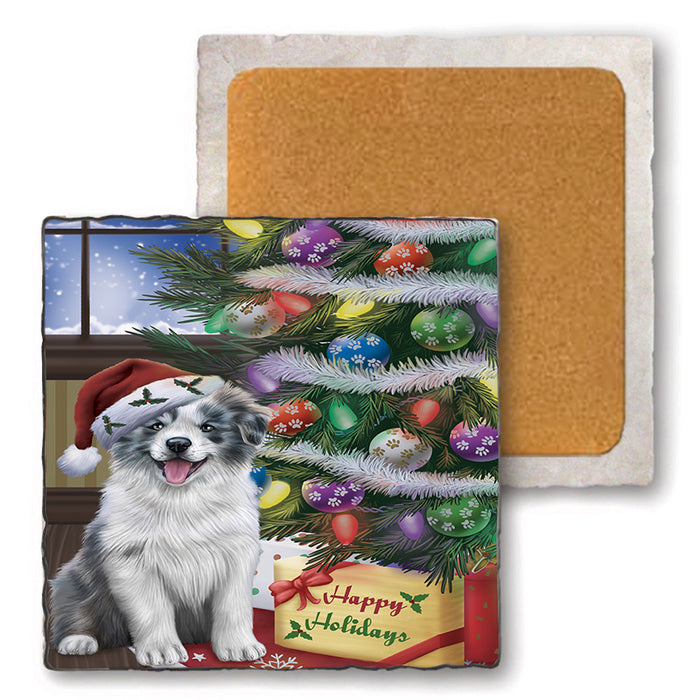 Christmas Happy Holidays Border Collie Dog with Tree and Presents Set of 4 Natural Stone Marble Tile Coasters MCST48803