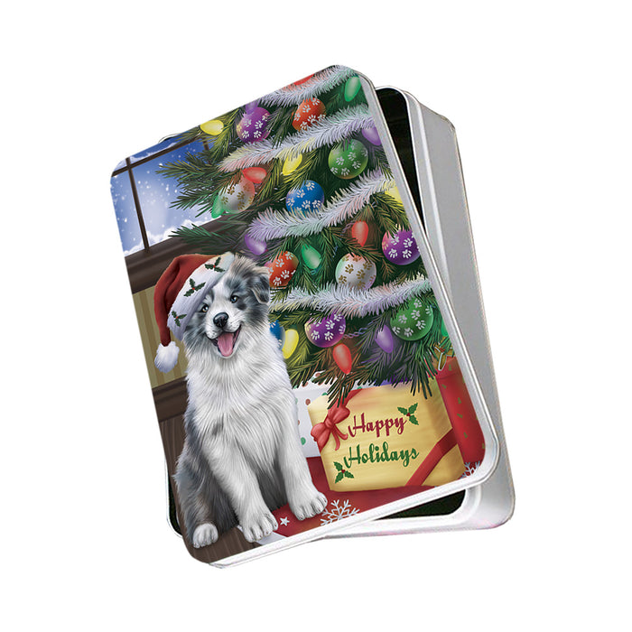 Christmas Happy Holidays Border Collie Dog with Tree and Presents Photo Storage Tin PITN53746