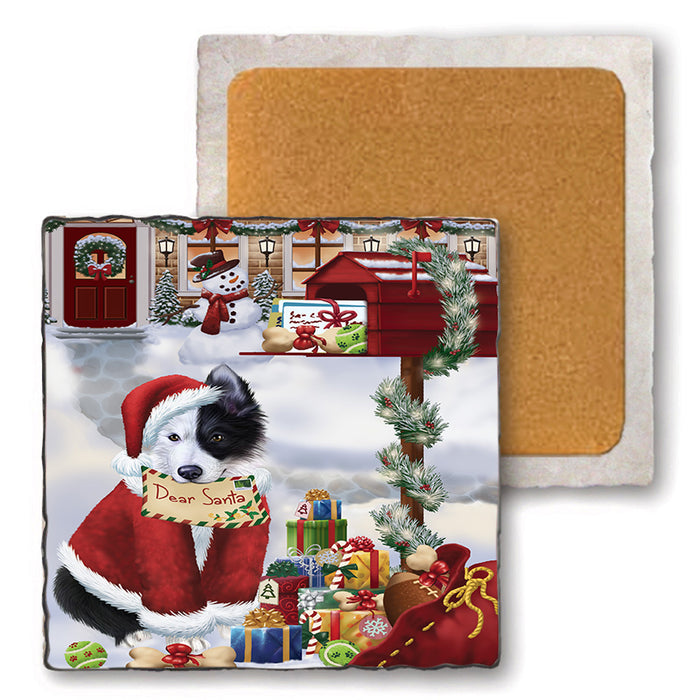 Border Collie Dog Dear Santa Letter Christmas Holiday Mailbox Set of 4 Natural Stone Marble Tile Coasters MCST48873