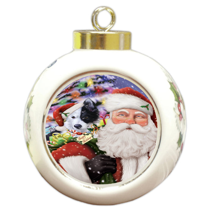 Santa Carrying Border Collie Dog and Christmas Presents Round Ball Christmas Ornament RBPOR53962