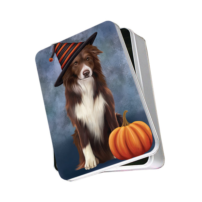 Happy Halloween Border Collie Dog Wearing Witch Hat with Pumpkin Photo Storage Tin PITN54700