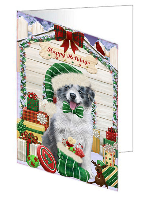 Happy Holidays Christmas Border Collie Dog House with Presents Handmade Artwork Assorted Pets Greeting Cards and Note Cards with Envelopes for All Occasions and Holiday Seasons GCD58076