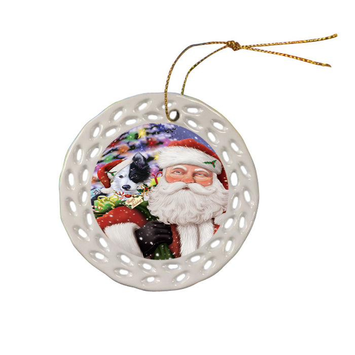 Santa Carrying Border Collie Dog and Christmas Presents Ceramic Doily Ornament DPOR53962