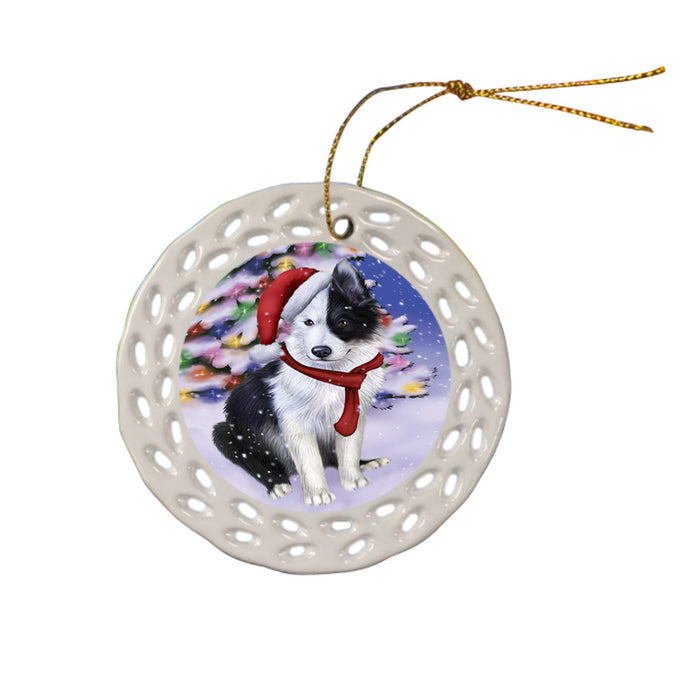 Winterland Wonderland Border Collie Dog In Christmas Holiday Scenic Background  Ceramic Doily Ornament DPOR53364
