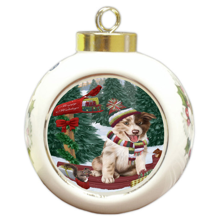 Merry Christmas Woodland Sled Border Collie Dog Round Ball Christmas Ornament RBPOR55217