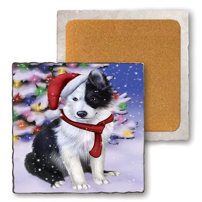 Winterland Wonderland Border Collie Dog In Christmas Holiday Scenic Background  Set of 4 Natural Stone Marble Tile Coasters MCST48364