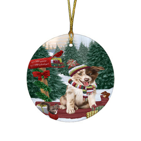 Merry Christmas Woodland Sled Border Collie Dog Round Flat Christmas Ornament RFPOR55217