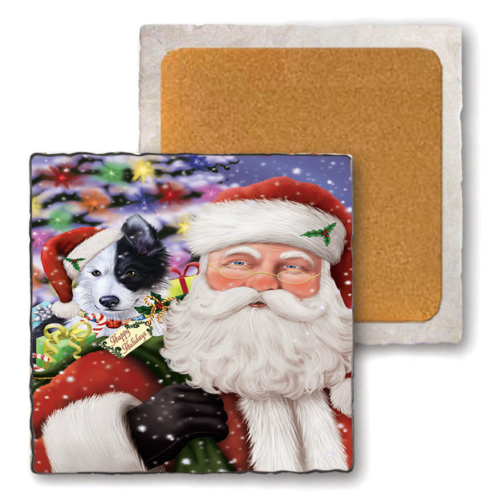 Santa Carrying Border Collie Dog and Christmas Presents Set of 4 Natural Stone Marble Tile Coasters MCST48962