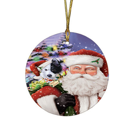 Santa Carrying Border Collie Dog and Christmas Presents Round Flat Christmas Ornament RFPOR53953
