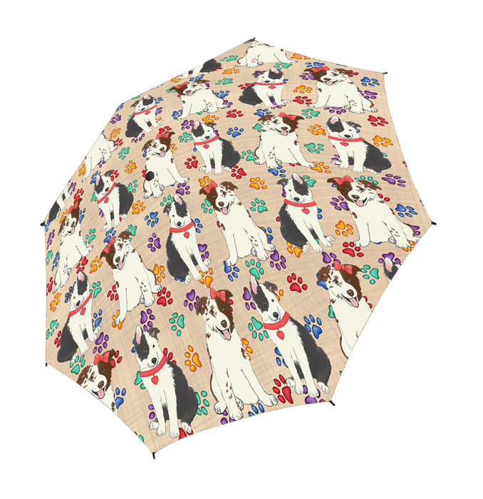 Rainbow Paw Print Border Collie Dogs Red Semi-Automatic Foldable Umbrella