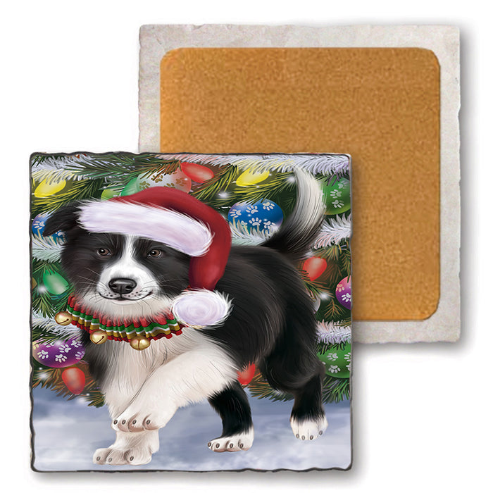 Trotting in the Snow Border Collie Dog Set of 4 Natural Stone Marble Tile Coasters MCST50421